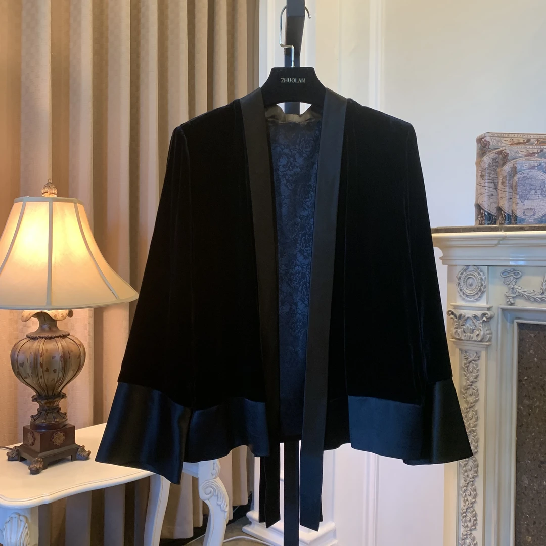 2453-1蚕丝丝绒短外套气质百搭拼接设计师时尚国风