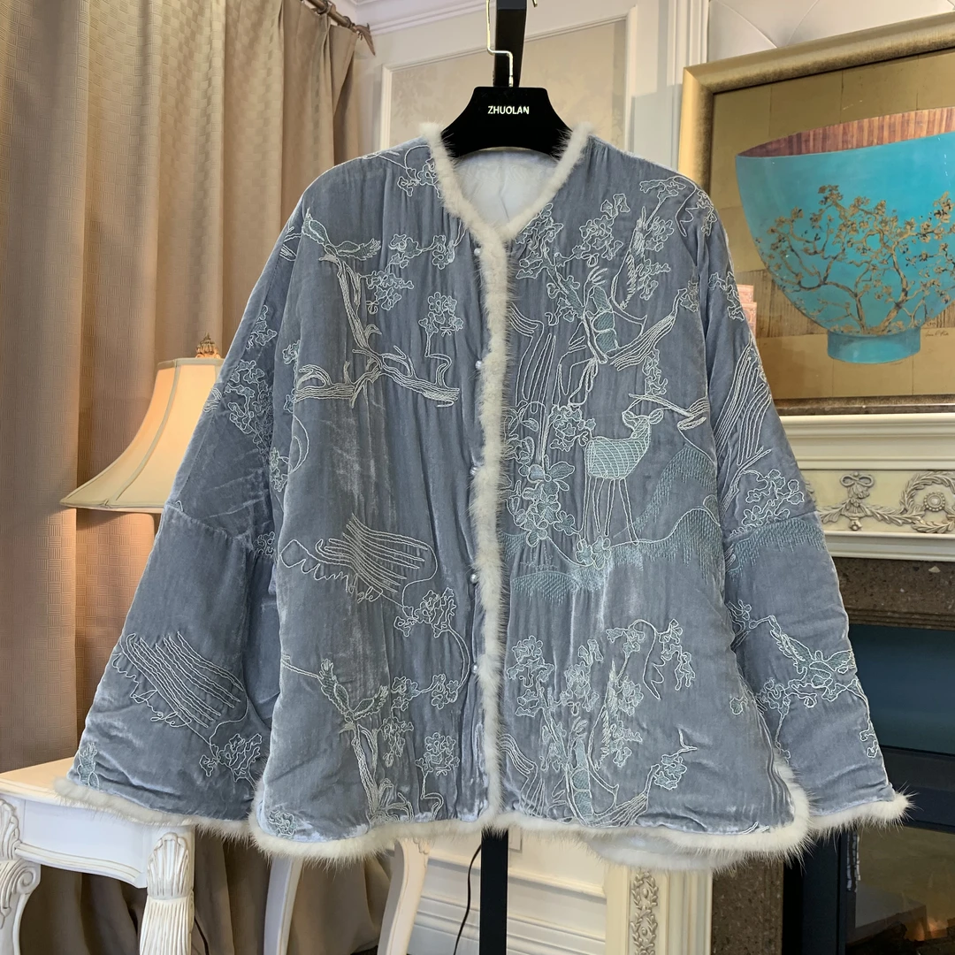 23020丝绒棉服盘扣棉服中国风冬季中式宽松复古绣花民族风