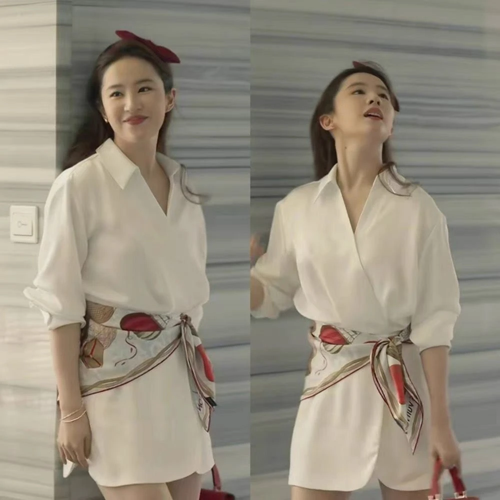 玫瑰的故事刘亦菲黄亦玫白色V领长袖收腰法式气质衬衫裙连衣裙女