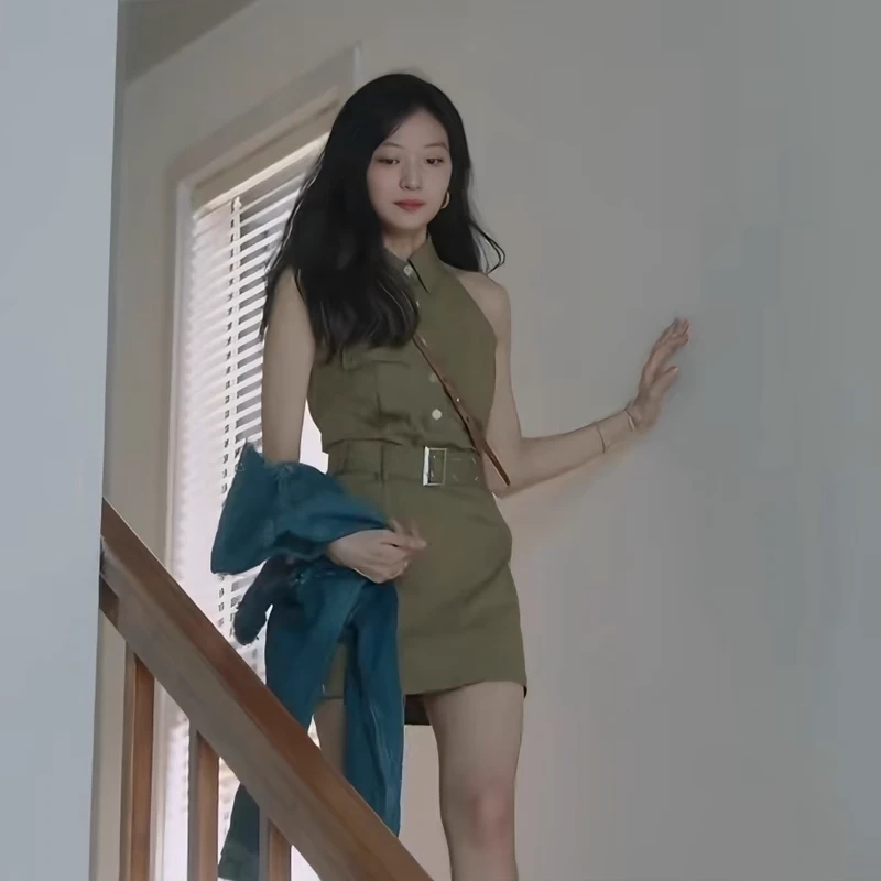 烟火人家孙千陶姝娜女夏季辣妹高腰美式复古无袖短款工装连衣裙