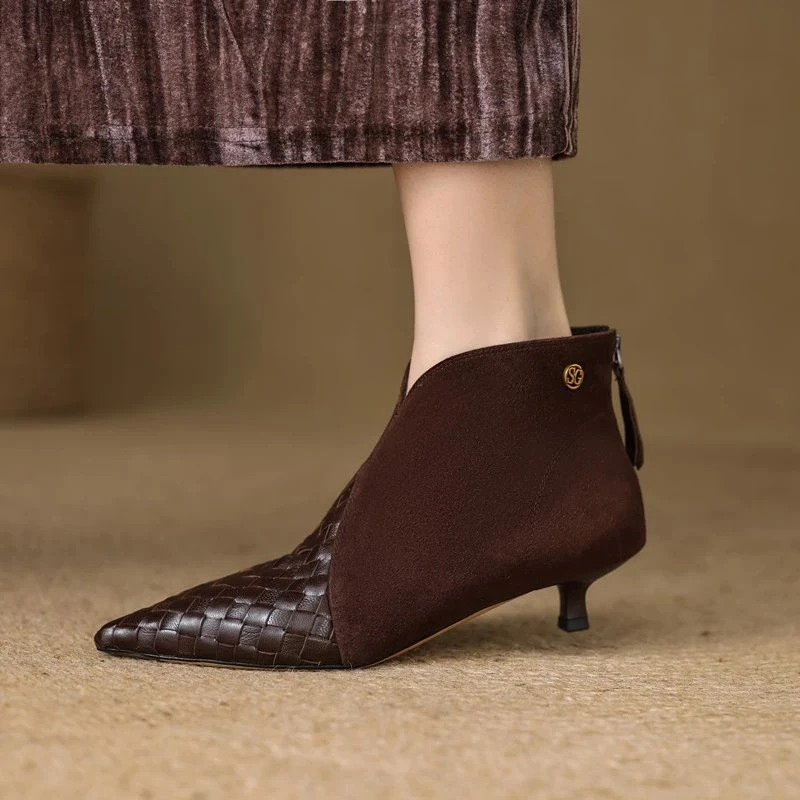 秋冬复古百搭细跟裸靴女尖头3公分小跟短靴气质羊皮高跟v口小踝靴