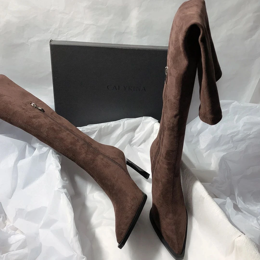 SENYU 恨天高弹力靴尖头过膝长靴绒面瘦瘦高靴拉链包腿靴女靴