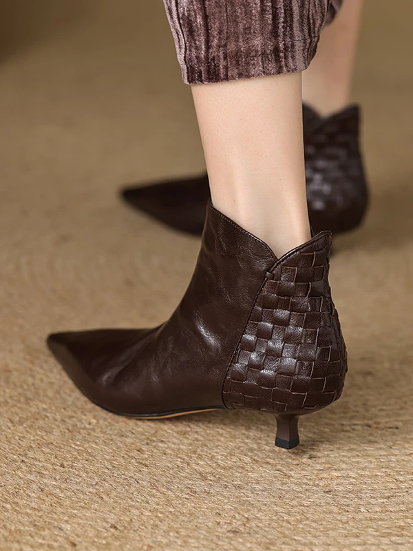 AIQINISHA【中跟3.5cm】时尚短靴真皮复古棕色法式秋冬裸靴百搭