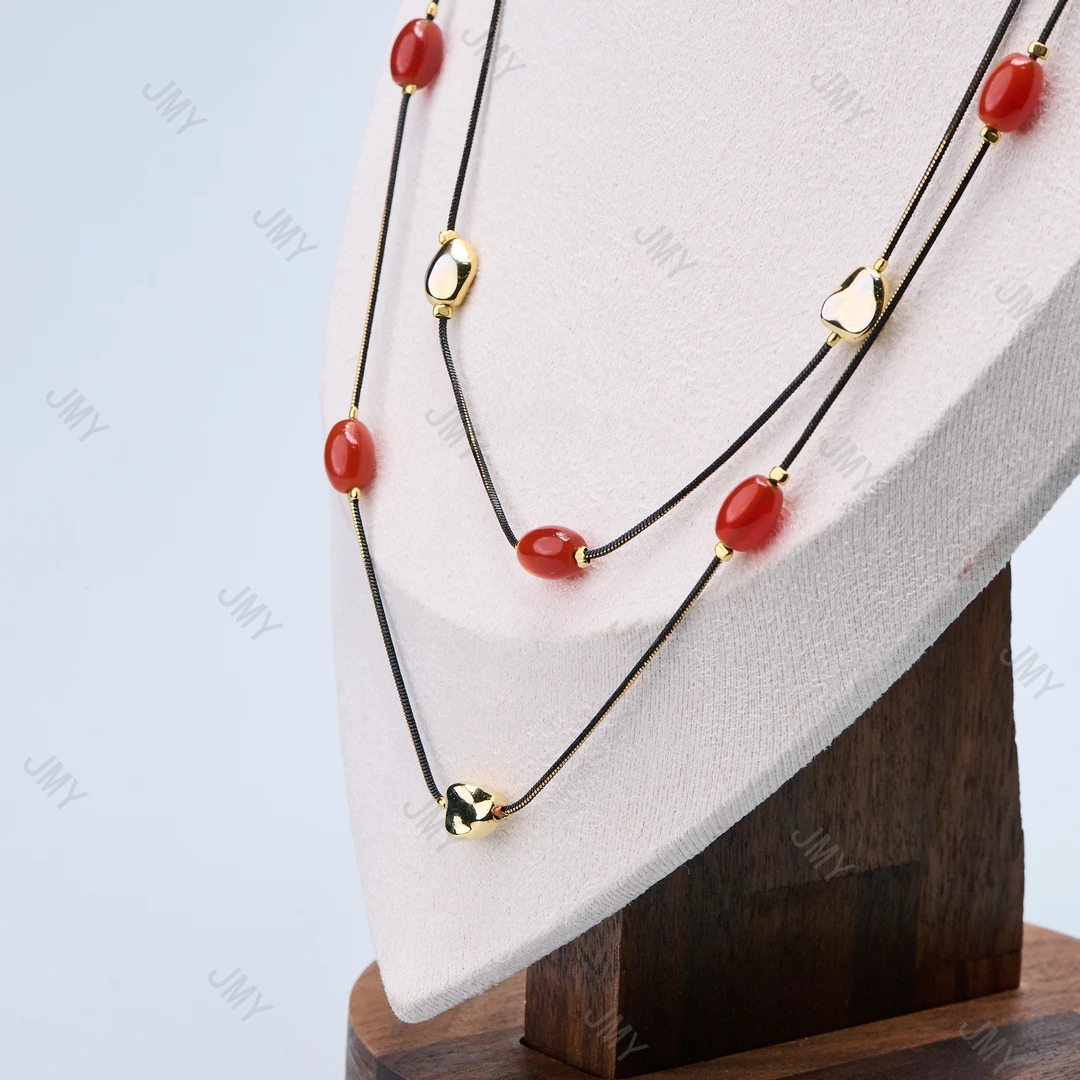 天然红色黑金链条间隔铜合金叠戴毛衣链