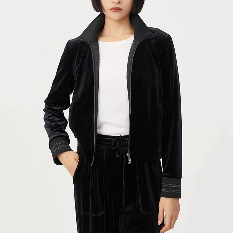 专柜商场同款2025秋季新款宽松显气质纯色丝绒拉链外套女5492004