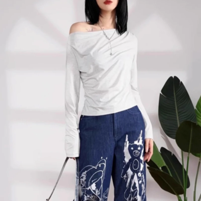 商场同款2025秋季新款女装百搭两件套休闲长袖T恤一字肩5301086