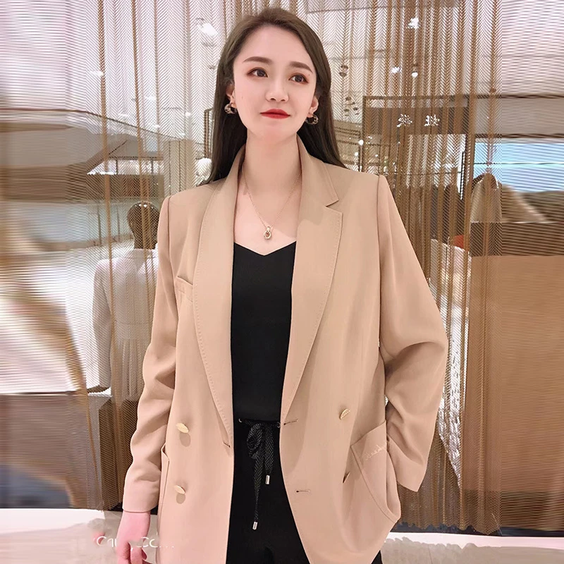 魅言商场同款款春气质时尚通勤休闲V领双排扣纯色西装外套1400488