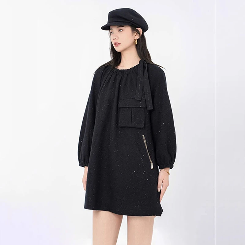 商场同款2025秋冬季新款减龄混纺双口袋宽松气质连衣裙女5500552