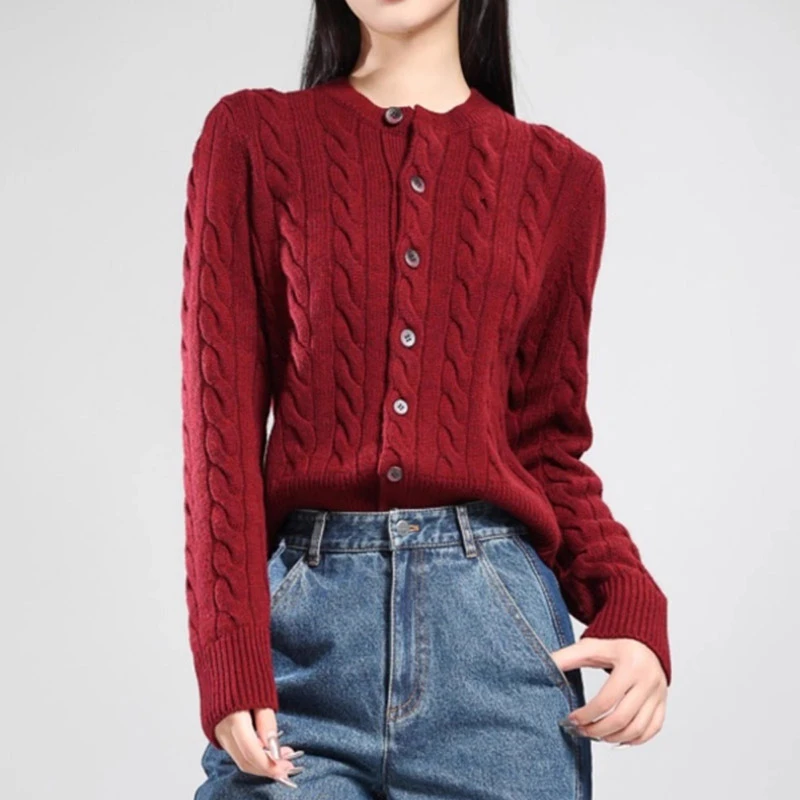 魅言商场同款2025秋新款时尚简约圆领麻花纹纯色针织开衫1499248