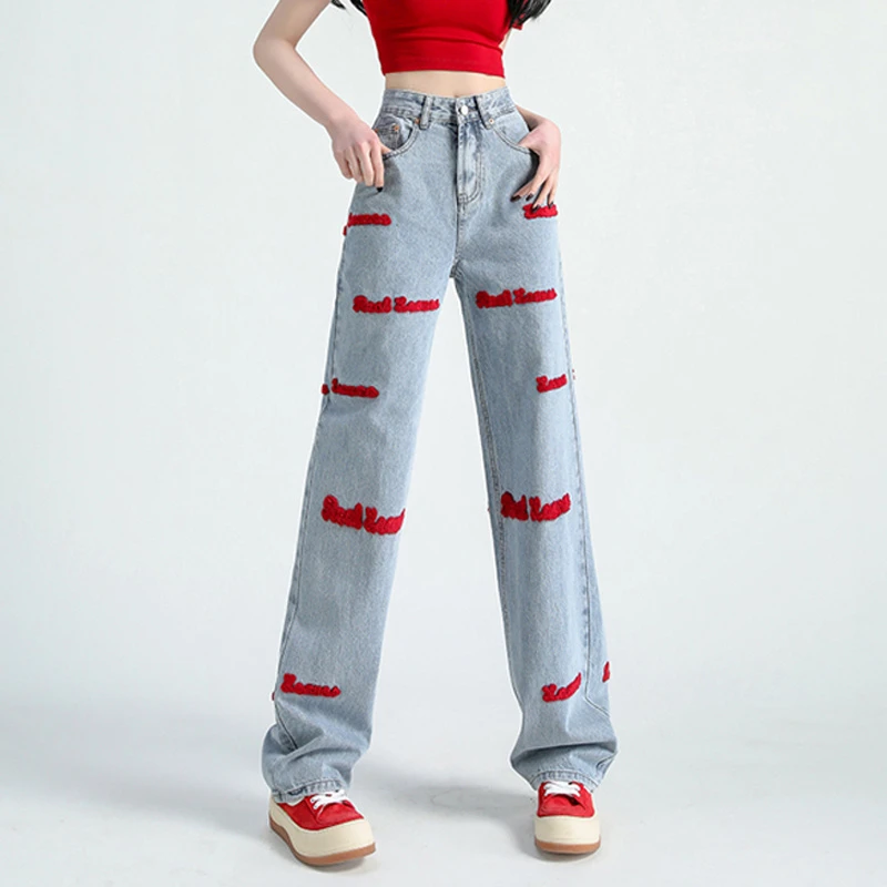 谷诗商场同款2025春季高腰红色字母休闲直筒牛仔裤长裤女5100361