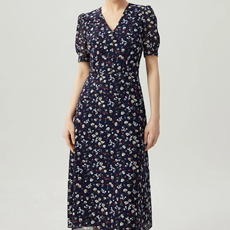 魅言商场同款2025夏季新款气质V领碎花短袖中长连衣裙女A500197