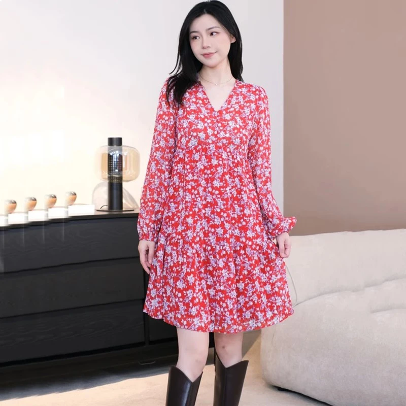 专柜商场同款2025早春新款显瘦V领收腰气质碎花长袖连衣裙150002