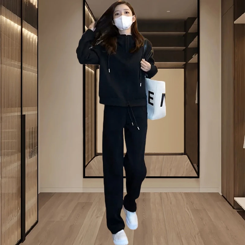 小个子连帽卫衣直筒卫裤两件套2025春秋季新款休闲运动套装女洋气