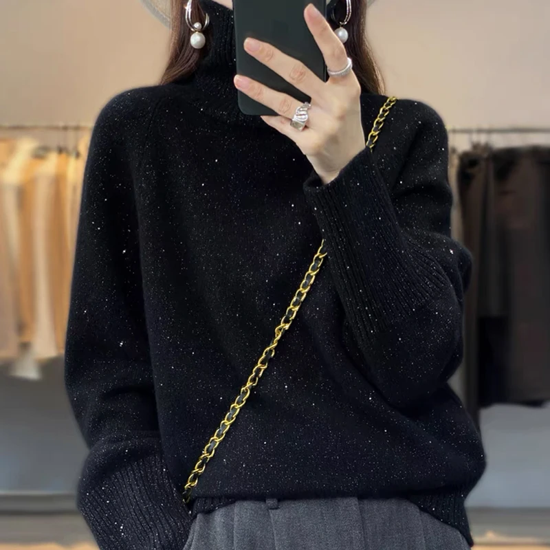 羊毛衫女士秋冬亮丝高领纯色宽松百搭毛衣针织羊绒加厚韩版打底衫