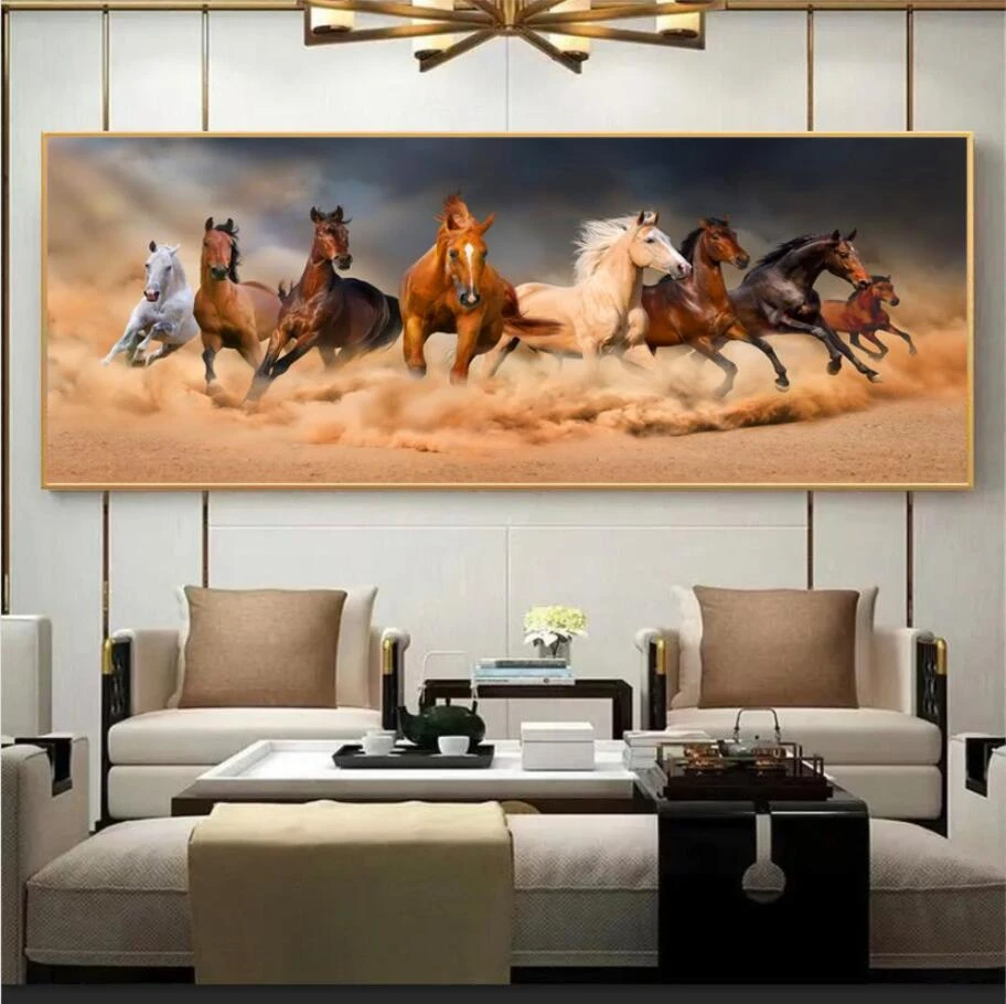 八骏图客厅办公室装饰画现代简约沙发背景墙壁画挂画手工镶钻金框