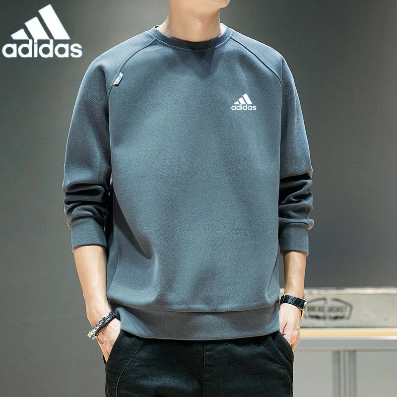 三叶草阿迪/达斯运动卫衣男冬季新款圆领宽松套头打底衫加绒加厚