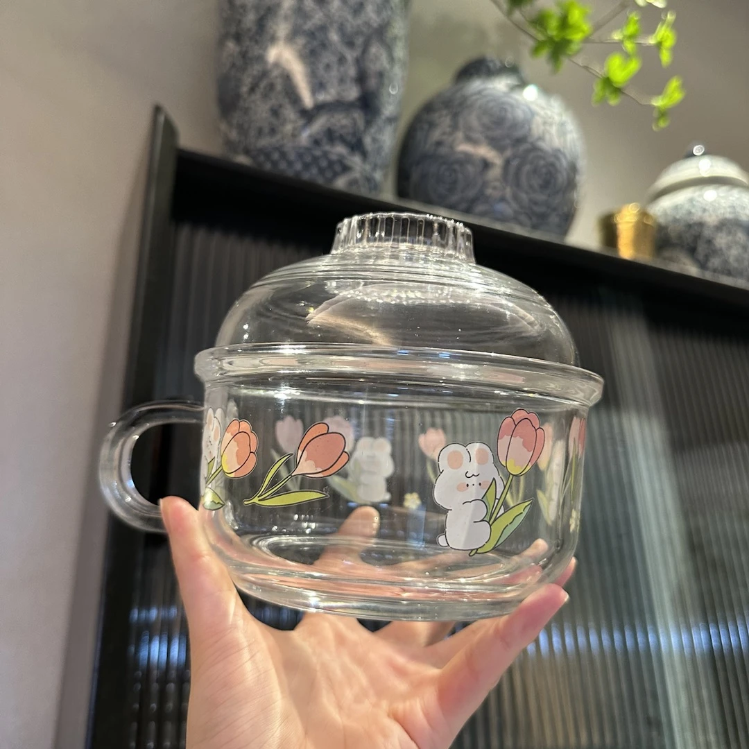 花与兔带盖汤碗透明家用泡面碗1L大容量