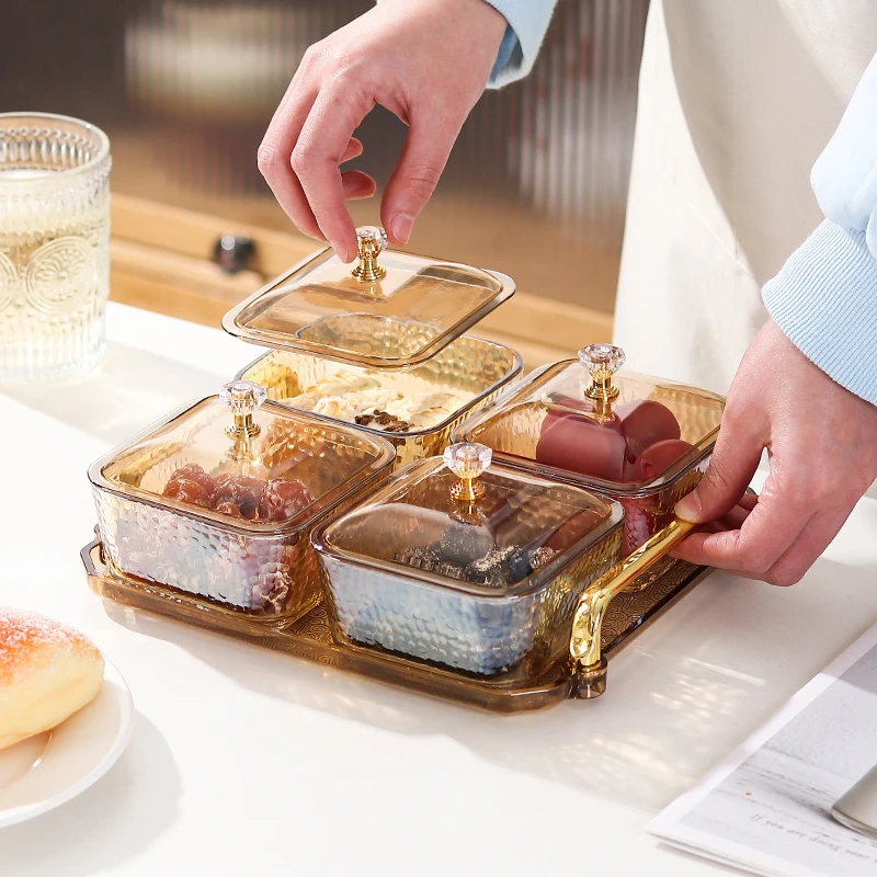 新款9件套小吃碟4分格零食盒网红轻奢家用创意简约欧式分格带盖