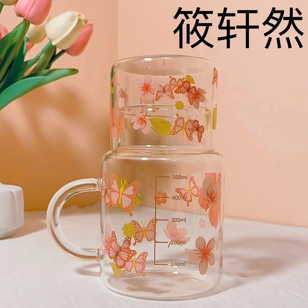 樱花蝴蝶水杯网红可爱茶杯家用学生印花耐热