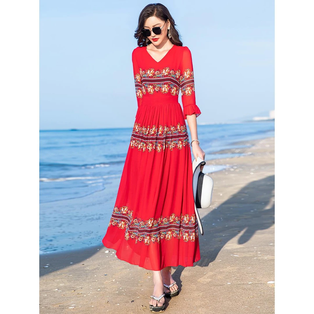 沙滩裙2024年夏V领印花大摆连衣裙收腰显瘦旅游度假长裙雪纺裙子