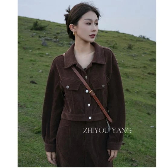 ZHIYOU【小鹿】美拉德棕色翻领灯芯绒灯笼袖短外套复古显瘦套装