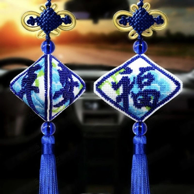 平安福十字绣汽车后视镜挂件 立体手工珠绣牡丹平安福  汽车挂件