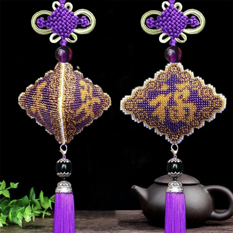 新款平安符印花紫罗兰平安福满珠绣三面车载挂件全珠绣十字绣车饰