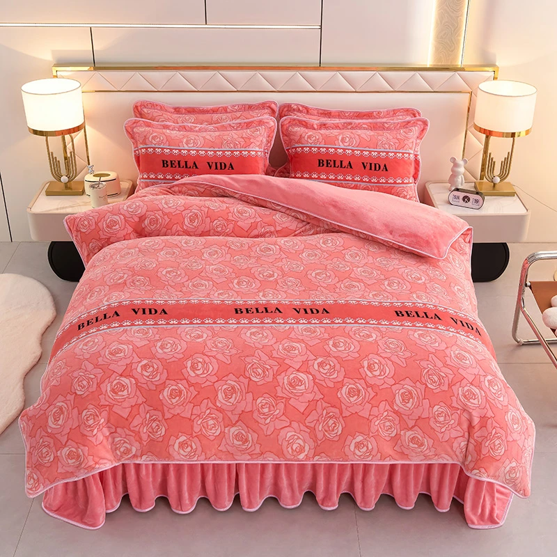 小清新可爱印花牛奶绒床上四件套冬季加厚加绒双面绒被套被罩床单