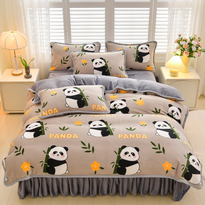 加厚高克重牛奶绒四件套冬季床上用品卡通可爱图案双面绒被套床单