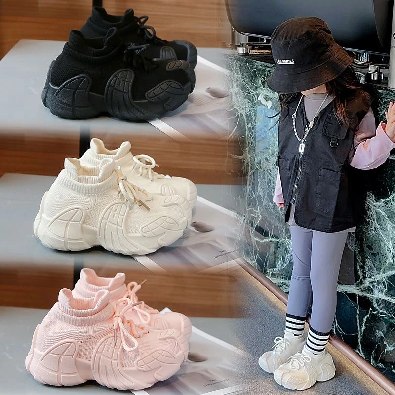 2024新款网红儿童袜子鞋秋季老爹鞋男童飞织透气运动鞋女童一脚蹬