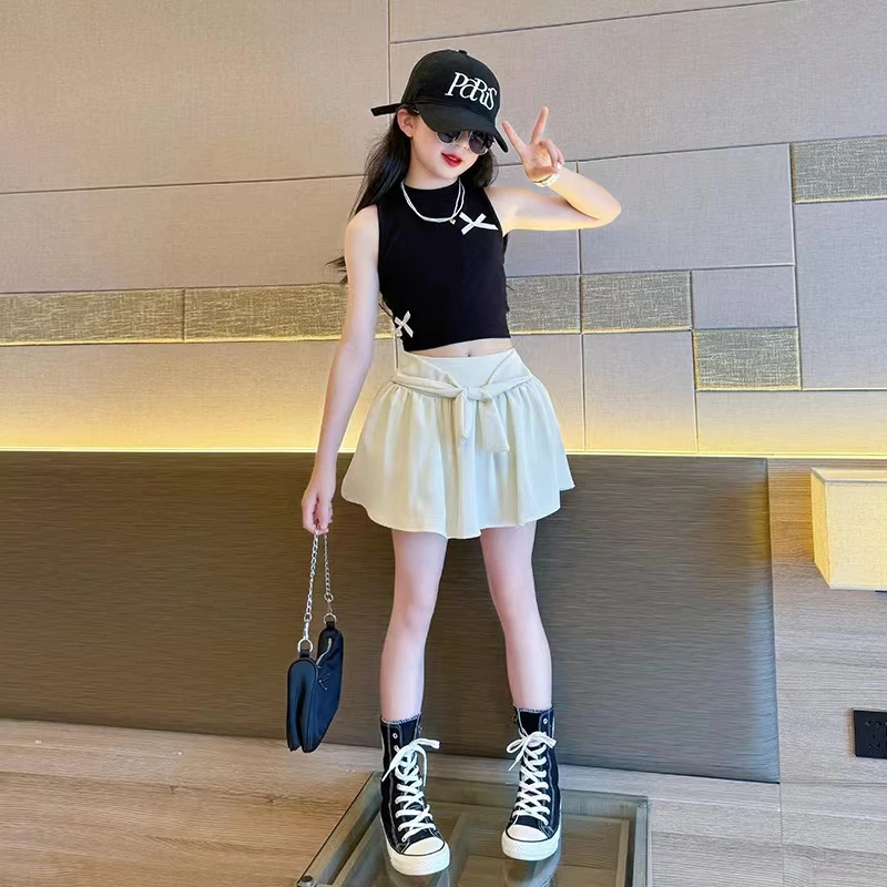 女童夏天套装2025新款女大童夏季韩范背心儿童洋气夏装潮酷短裙裤