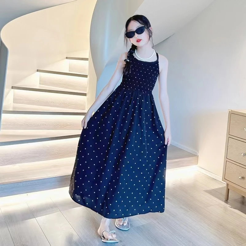 女童连衣裙2024新款女孩洋气时髦背心裙大童装休闲薄款沙滩裙夏装