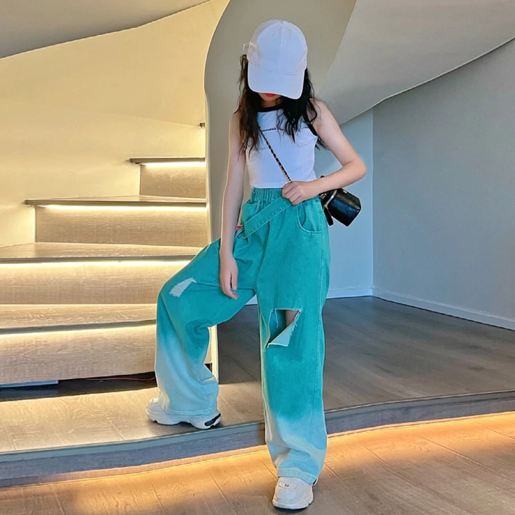 女童夏季渐变牛仔裤2025新款夏装洋气儿童网红炸街破洞阔腿裤子潮