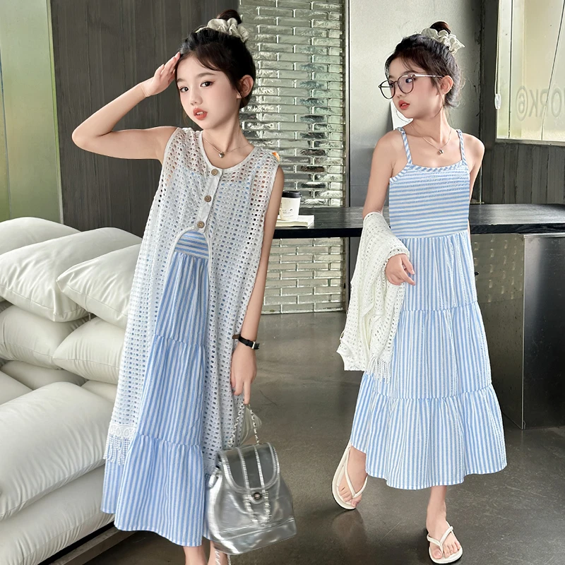 女童夏季吊带裙套装2024新款时髦度假风沙滩裙两件套洋气连衣长裙