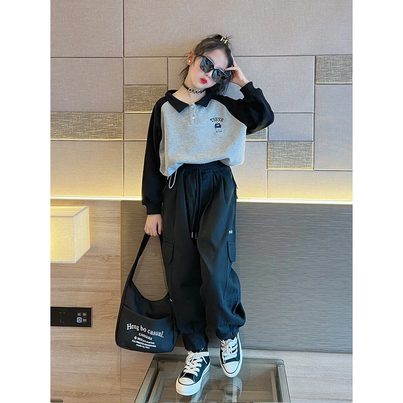 女童POLO领拼色卫衣工装裤套装春秋2025新款儿童小熊收腰休闲洋气