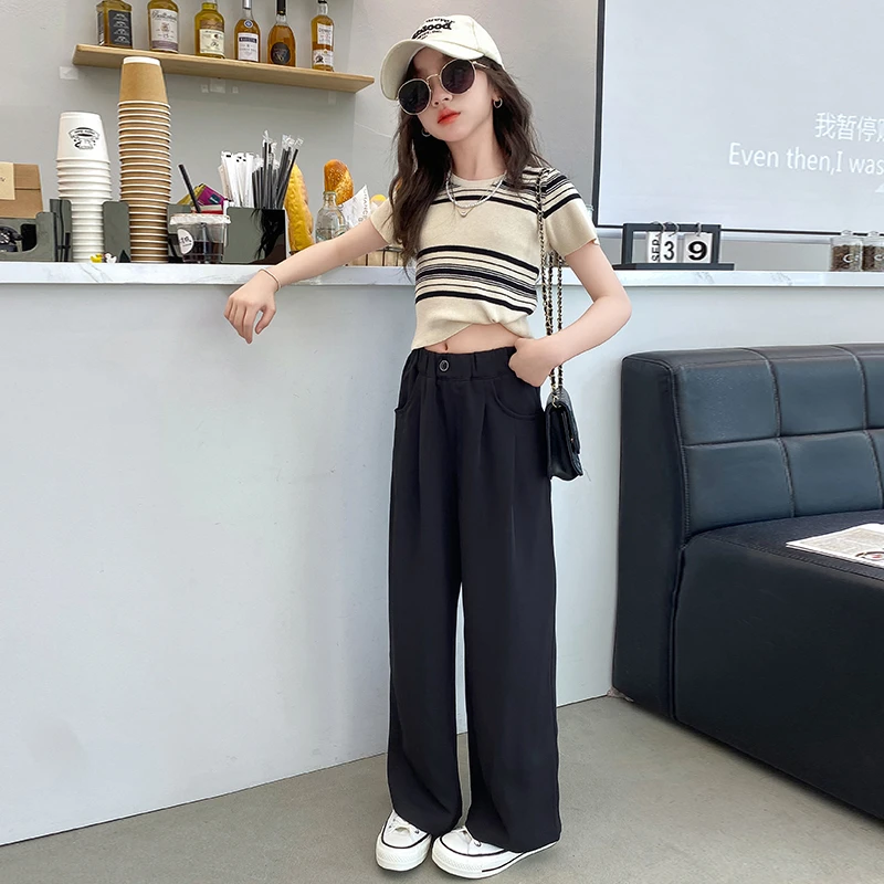 女童套装夏款2024新款大童女孩网红洋气时髦冰丝抖抖阔腿裤两件套