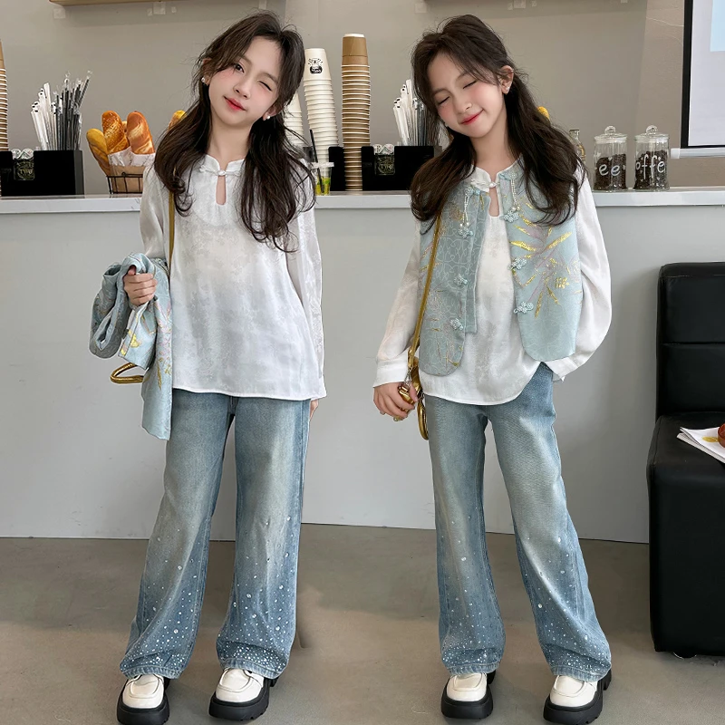 女童春秋套装2024新款6-12岁15岁中大童装新中式洋气小女孩三件套