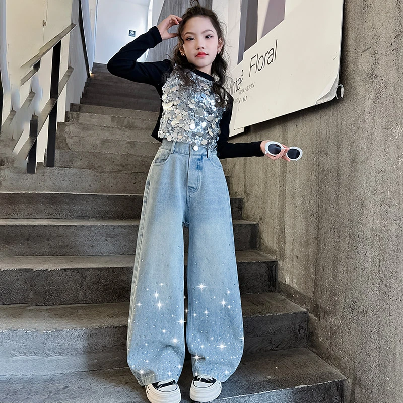 女童春秋洋气亮片长袖内搭衣2025新款韩版儿童炸街烫钻阔腿牛仔裤