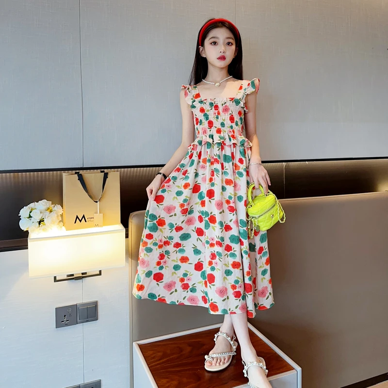 韩版童装女童连衣裙夏季儿童过膝长裙碎花裙公主裙中大童2024新款