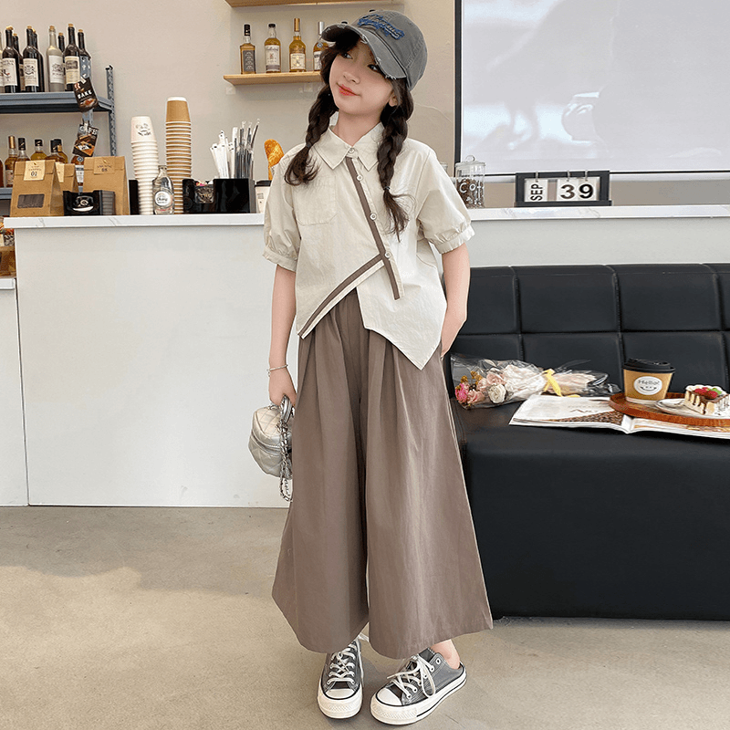 女童套装夏季2024新款中大童韩版学院风衬衫女孩宽松阔腿裤两件套