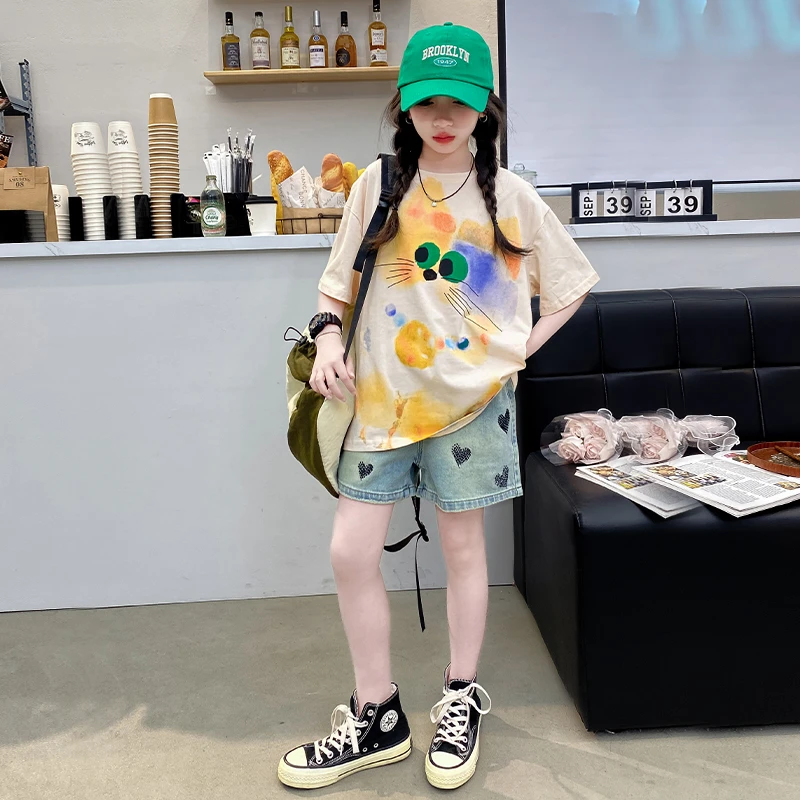女童夏款套装2025新款时髦牛仔短裤洋气儿童女大童夏季短袖两件套