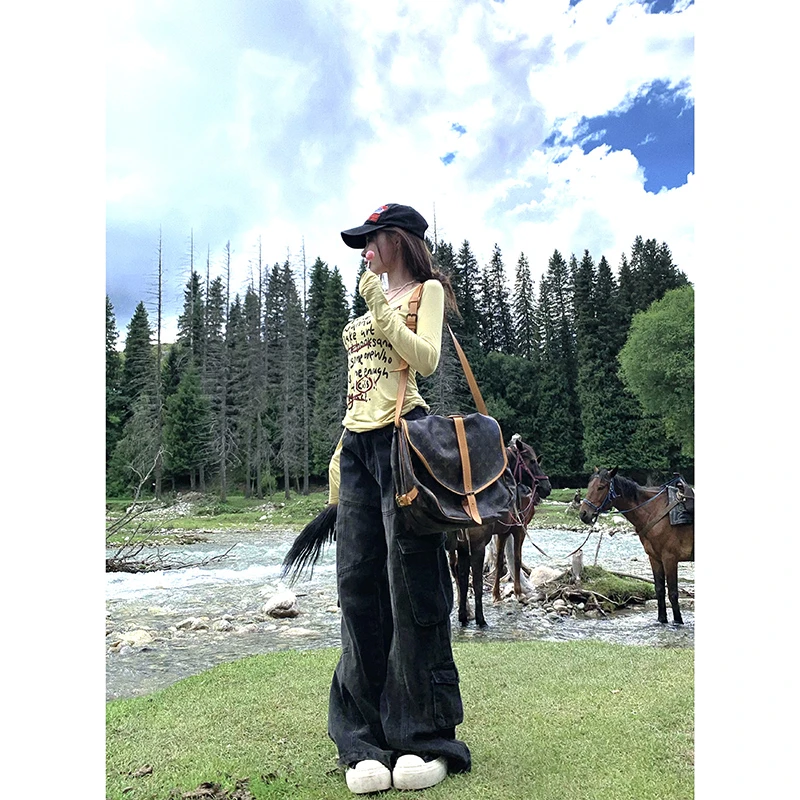 Suuuicee 率性痞酷 美式复古多口袋工装牛仔裤女直筒宽松阔腿长裤
