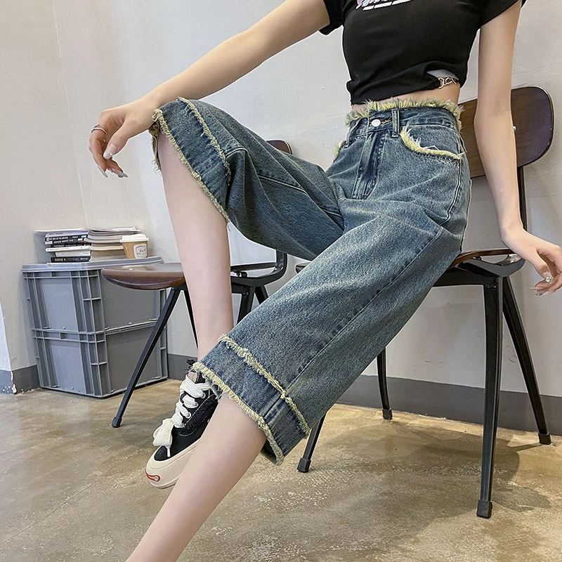 高腰复古毛边阔腿牛仔裤女2025夏季薄款宽松小个子8分直筒七分裤