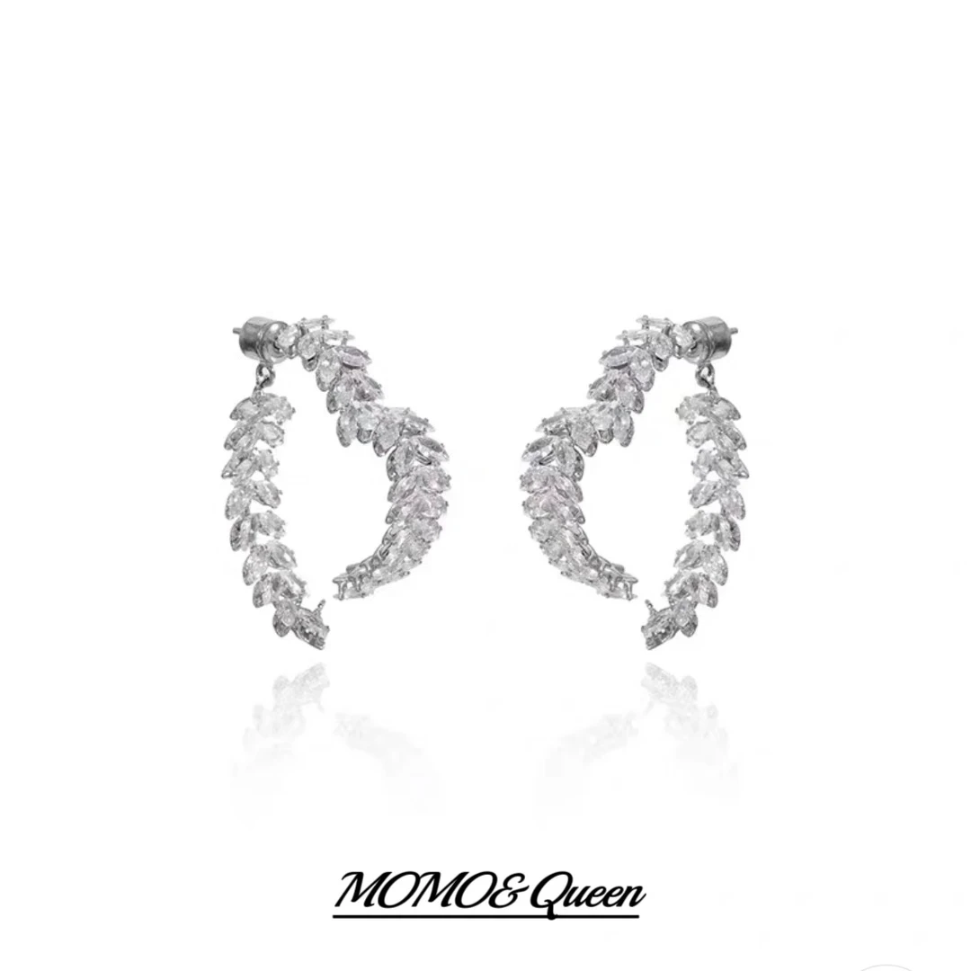 铜合金合成锆石耳饰 K0078轻奢高级小众设计满钻麦穗爱心耳钉