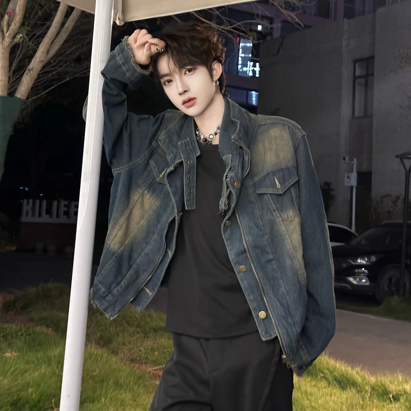 Y124 美式复古假两件短款牛仔夹克外套女秋季设计感重工上衣潮