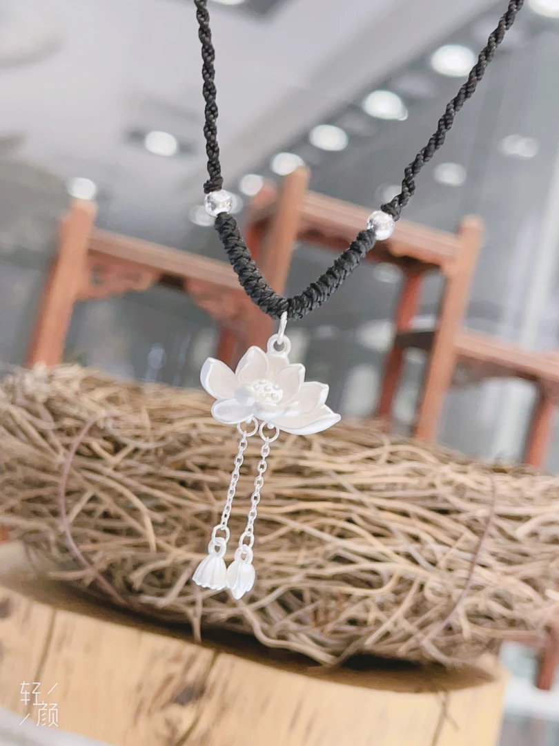 吊坠足银布艺 足银莲花手工编织项链