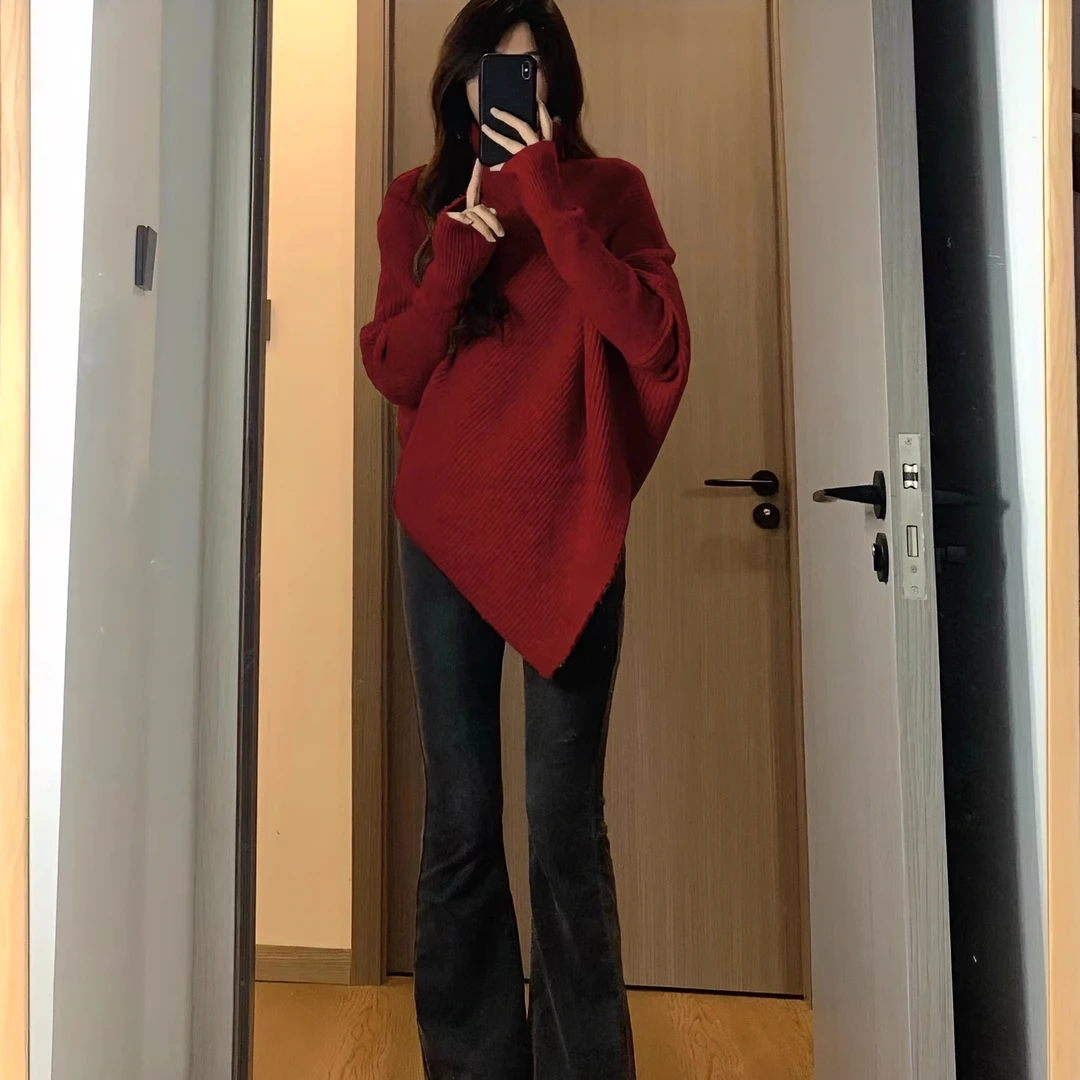 不规则高领毛衣女2024秋冬新款宽松温柔系韩版慵懒风加厚针织上衣
