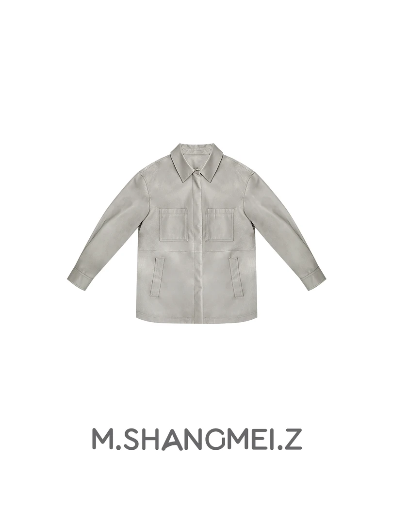 M.SHANGMEI.Z/沐熙牛仔时尚灰色美式潮流翻领羊皮外套X030188