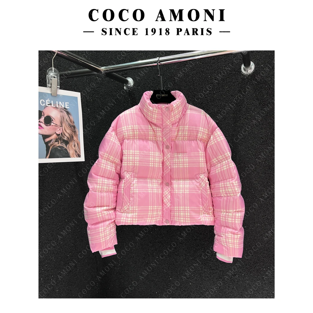 粉色格纹字母刺绣立领拉链款宽松时尚保暖短款羽绒服YR039