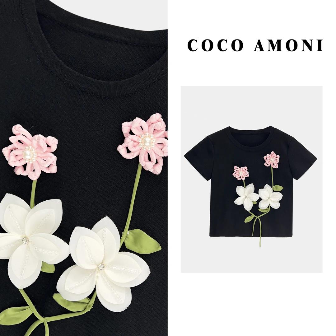 【曼姐专属1】潮流重工时尚贴布花卉显瘦气质上衣短袖T恤女JY008